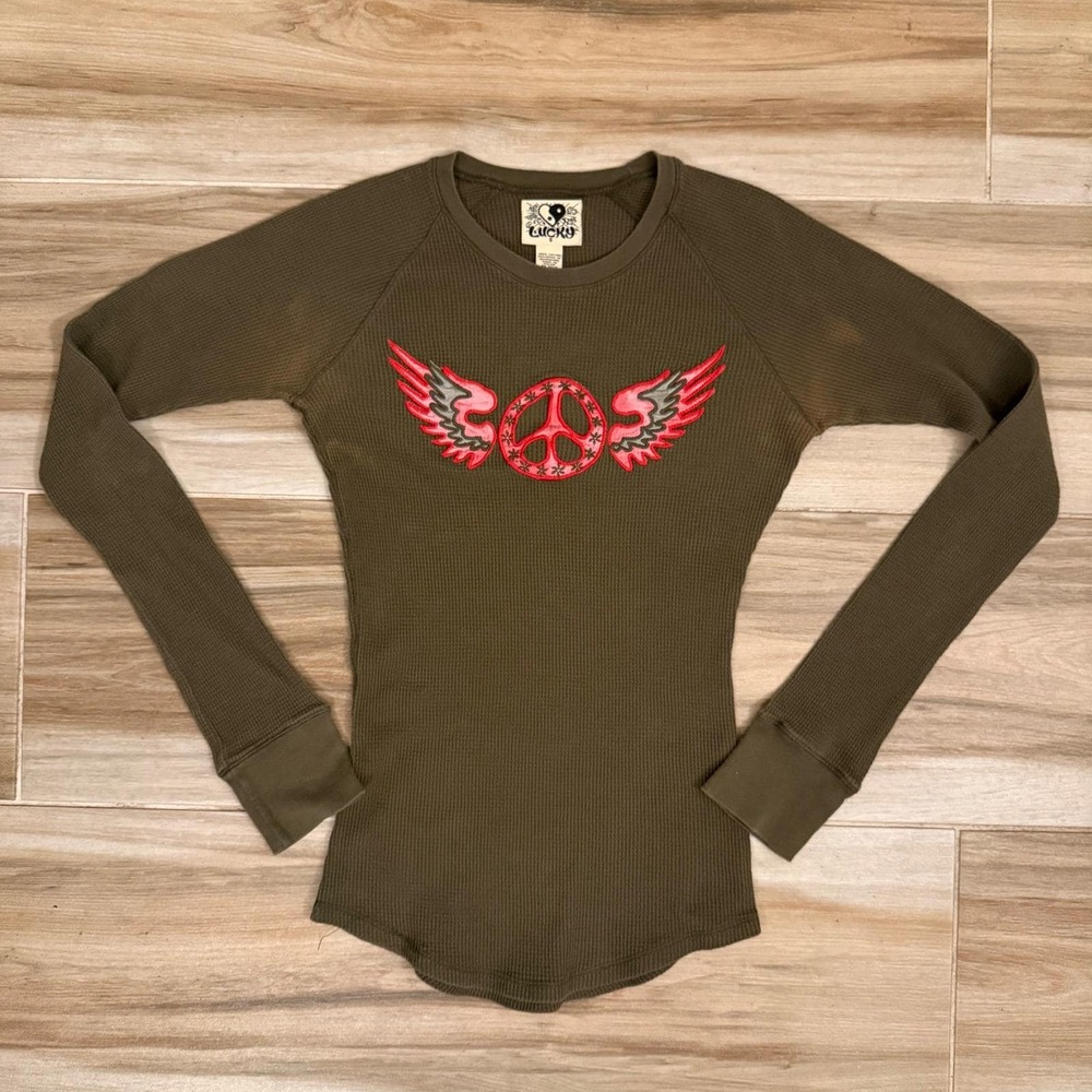 Vintage Y2K Lucky Brand Women Graphic Thermal Top Peace Sign Angel Wings Olive S